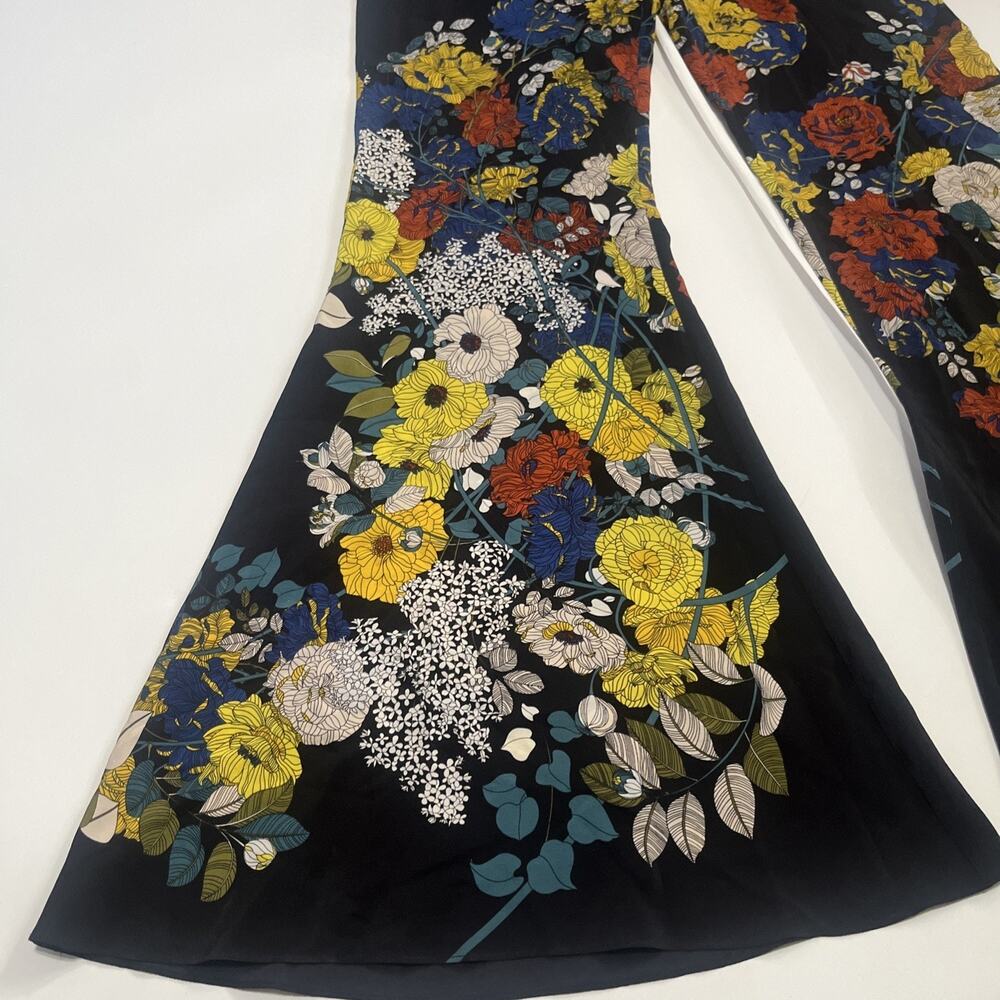 Sz 1 Sandro Paris Women's Bell Bottoms Flared Printed 100% Silk Floral Pants - Picture 3 of 15